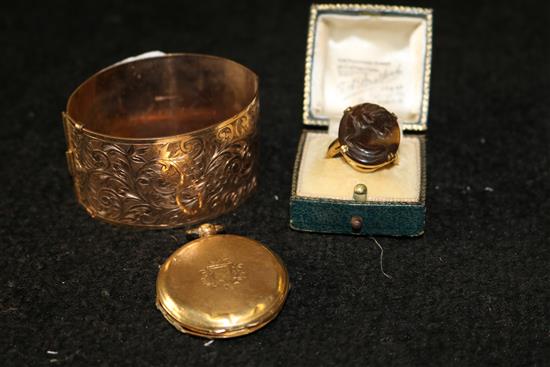 Bracelet, cameo ring and a Swiss gold fob watch